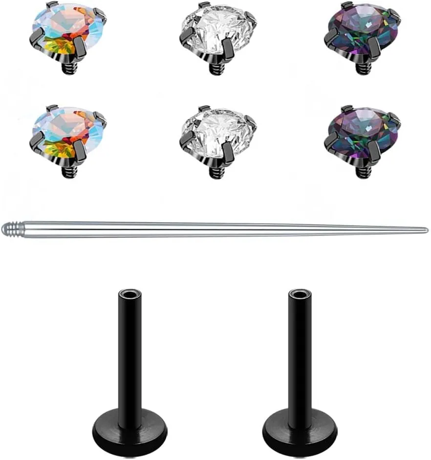 G23 Titanium CZ Stud Earrings for Women Men Black Labret Studs 16G 18G Internally Threaded Flat Back Nose Studs Tragus Earrings Lip Medusa Helix Piercing Jewelry