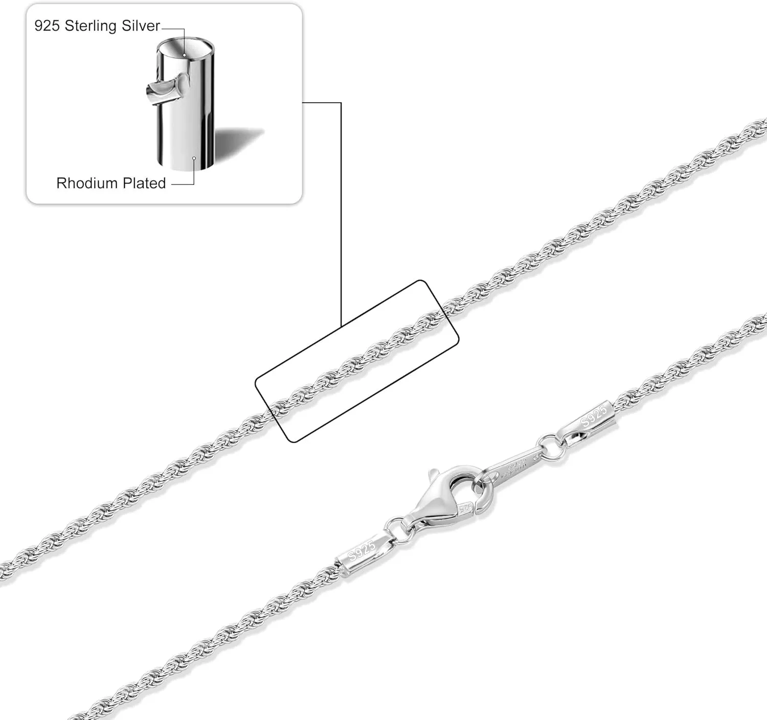 Gacimy 925 Sterling Silver Rope Chain for Women Men, 1.2mm 1.5mm 1.8mm Width 16 18 20 22 24 Inches Length