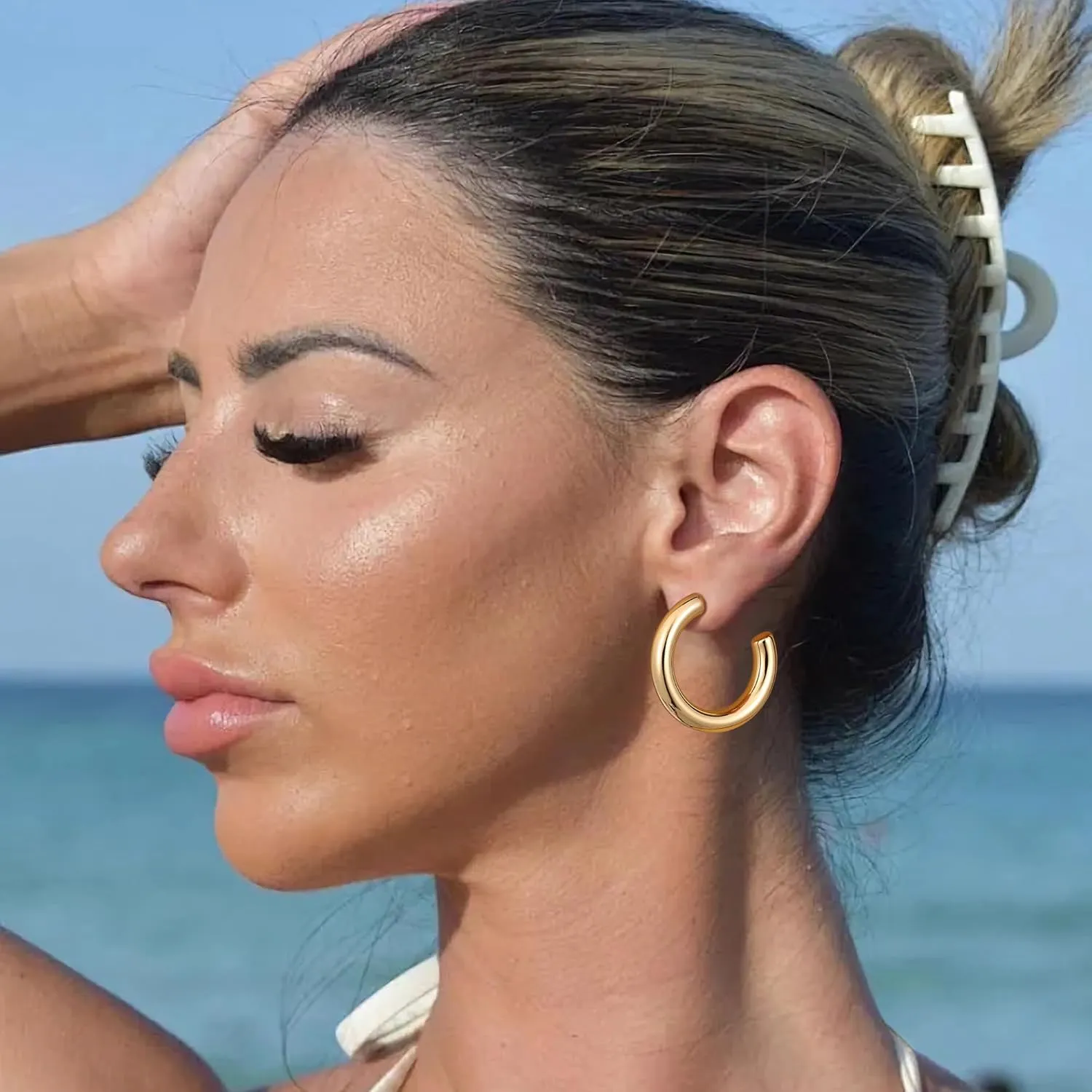 Gacimy Chunky Gold Hoop Earrings for Women 14K Real Gold Plated, 925 Sterling Silver Post Hoops for Women