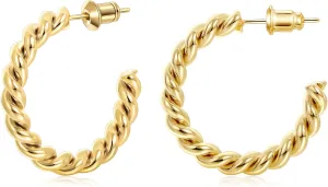 Gacimy Twisted Gold Hoop Earrings for Women, 14K Real Gold Plated, 925 Sterling Silver Post, 25mm Medium Braided Hoop Earrings