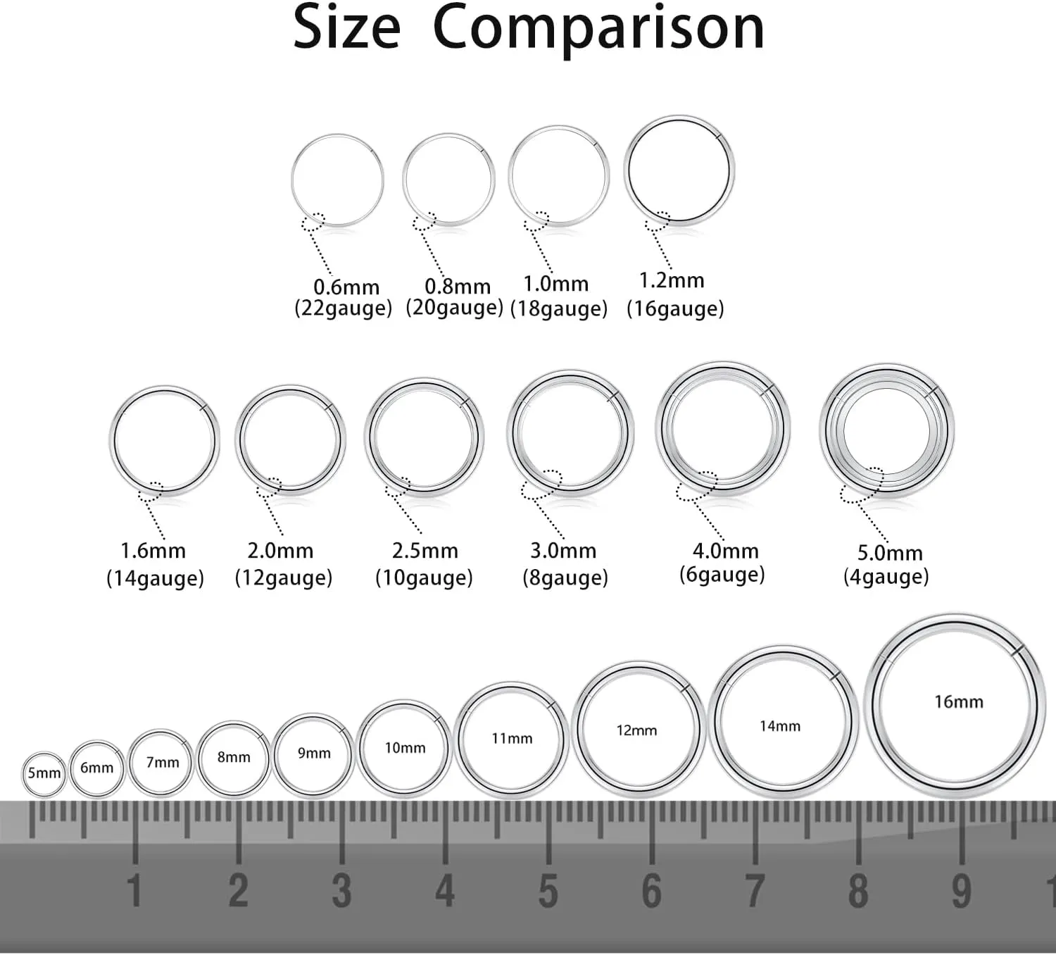 GAGABODY 2 Pcs Nose Rings 20G 18G 16G 14G 12G 10G 8G Surgical Steel Piercing Rings for Nose Septum Cartilage Helix Tragus Conch Rook Daith Lobe from 5mm to 16mm Seamless Hoop Unisex Hinged Earrings