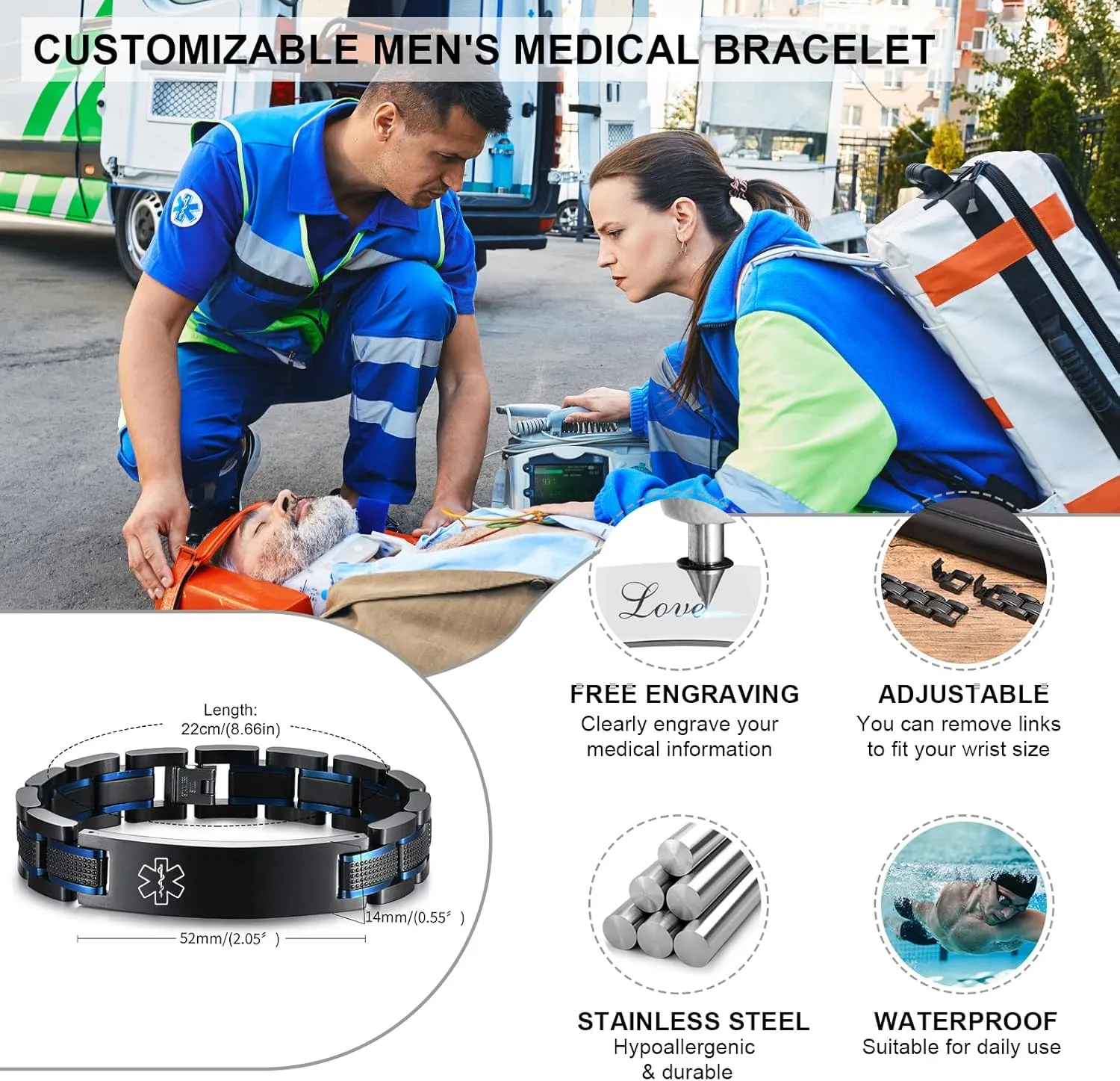 Gamtic Medical Alert Bracelets for Men Customizable, Stainless Steel Watch Band Medic Emergency ID Bracelet, Waterproof Personalized Life Alert Bracelet Products for Women Men Elderly