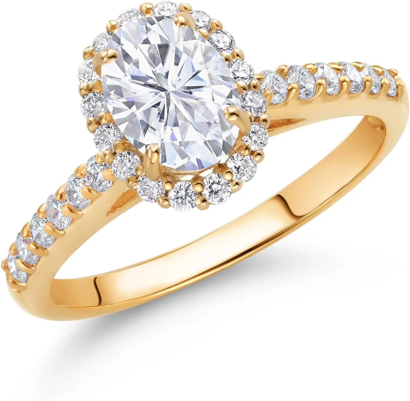 Gem Stone King 10K Yellow Gold White Moissanite and Lab Grown Diamond Halo Engagement Ring For Women (1.21 Cttw, Oval 7X5MM, Available In Size 5, 6, 7, 8, 9)