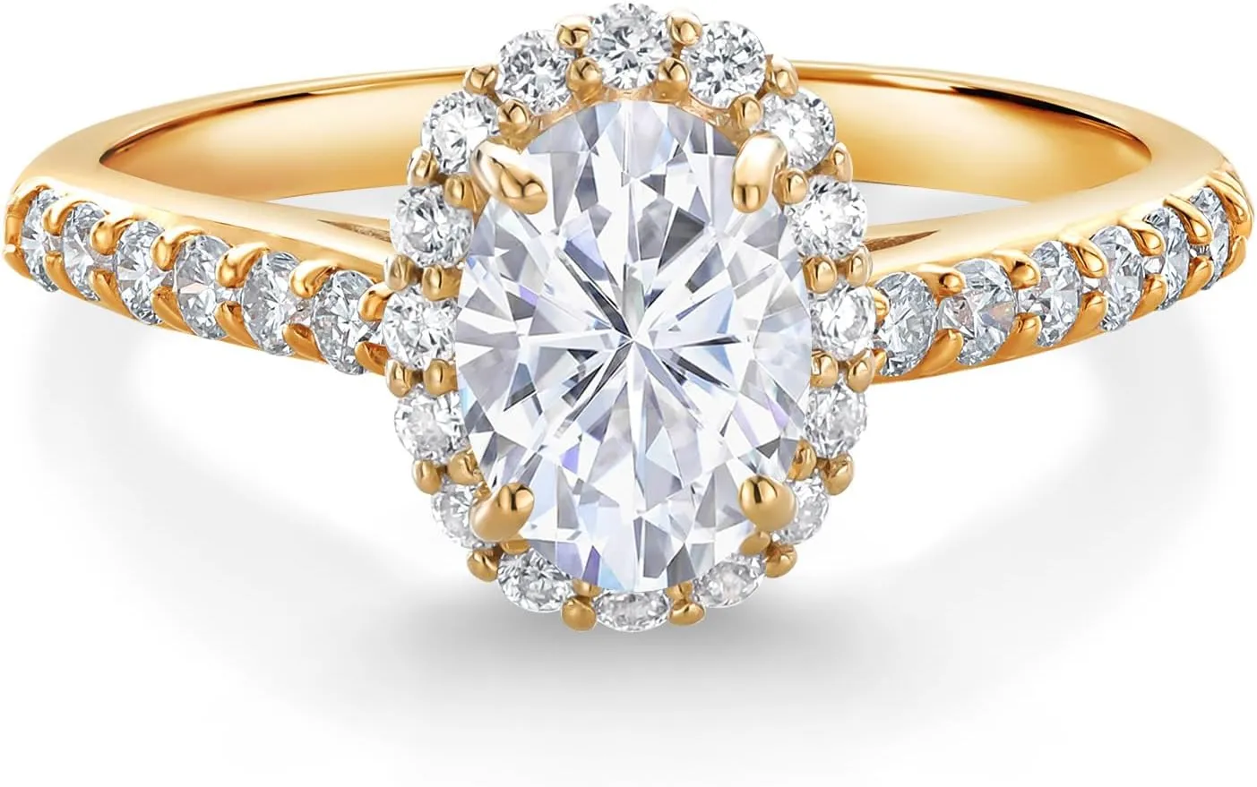 Gem Stone King 10K Yellow Gold White Moissanite and Lab Grown Diamond Halo Engagement Ring For Women (1.21 Cttw, Oval 7X5MM, Available In Size 5, 6, 7, 8, 9)