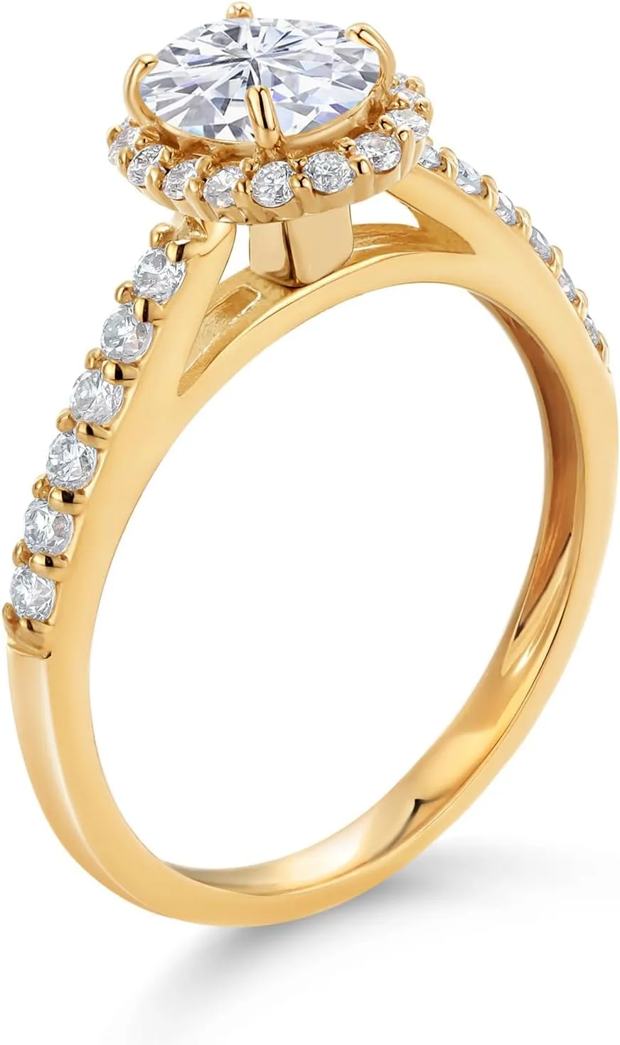 Gem Stone King 10K Yellow Gold White Moissanite and Lab Grown Diamond Halo Engagement Ring For Women (1.21 Cttw, Oval 7X5MM, Available In Size 5, 6, 7, 8, 9)