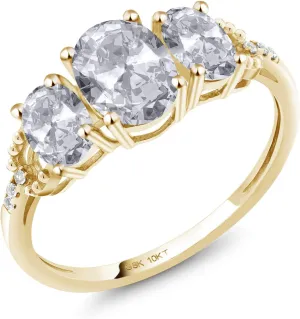 Gem Stone King 10K Yellow Gold White Topaz and Diamond 3-Stone Engagement Ring For Women |2.22 Cttw | Gemstone Birthstone | Oval 7X5MM and 6X4MM | Available In Size 5, 6, 7, 8, 9