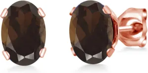 Gem Stone King 1.50 Cttw Brown Smoky Quartz Rose Gold Plated Stud Earrings For Women | Oval 7X5MM
