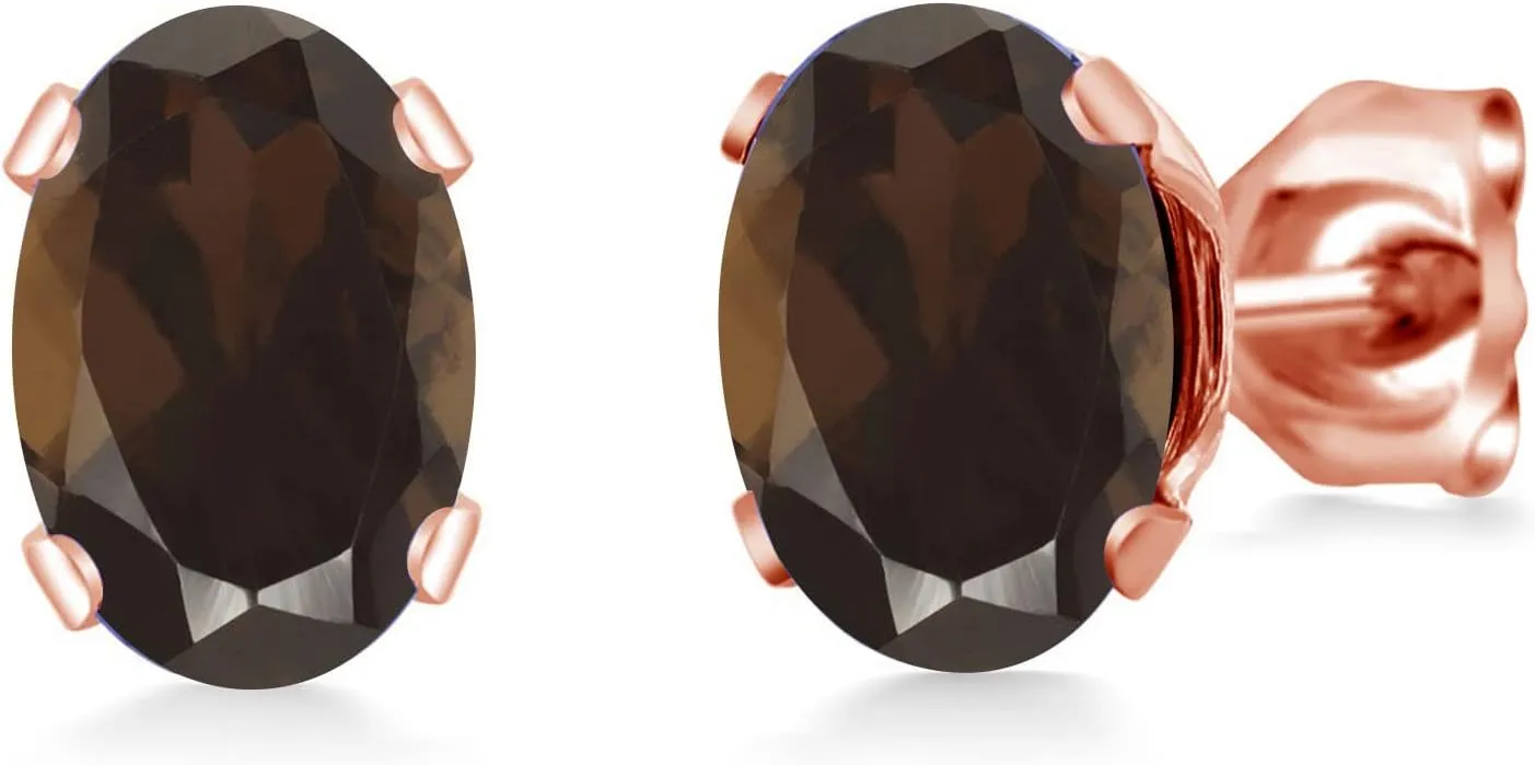 Gem Stone King 1.50 Cttw Brown Smoky Quartz Rose Gold Plated Stud Earrings For Women | Oval 7X5MM