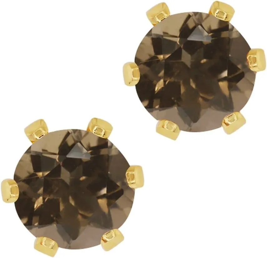 Gem Stone King 1.60 Cttw Round Brown Smoky Quartz Gold Plated 6-Prong Stud Earrings For Women Men 6MM