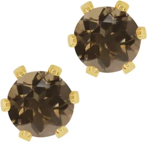 Gem Stone King 1.60 Cttw Round Brown Smoky Quartz Gold Plated 6-Prong Stud Earrings For Women Men 6MM