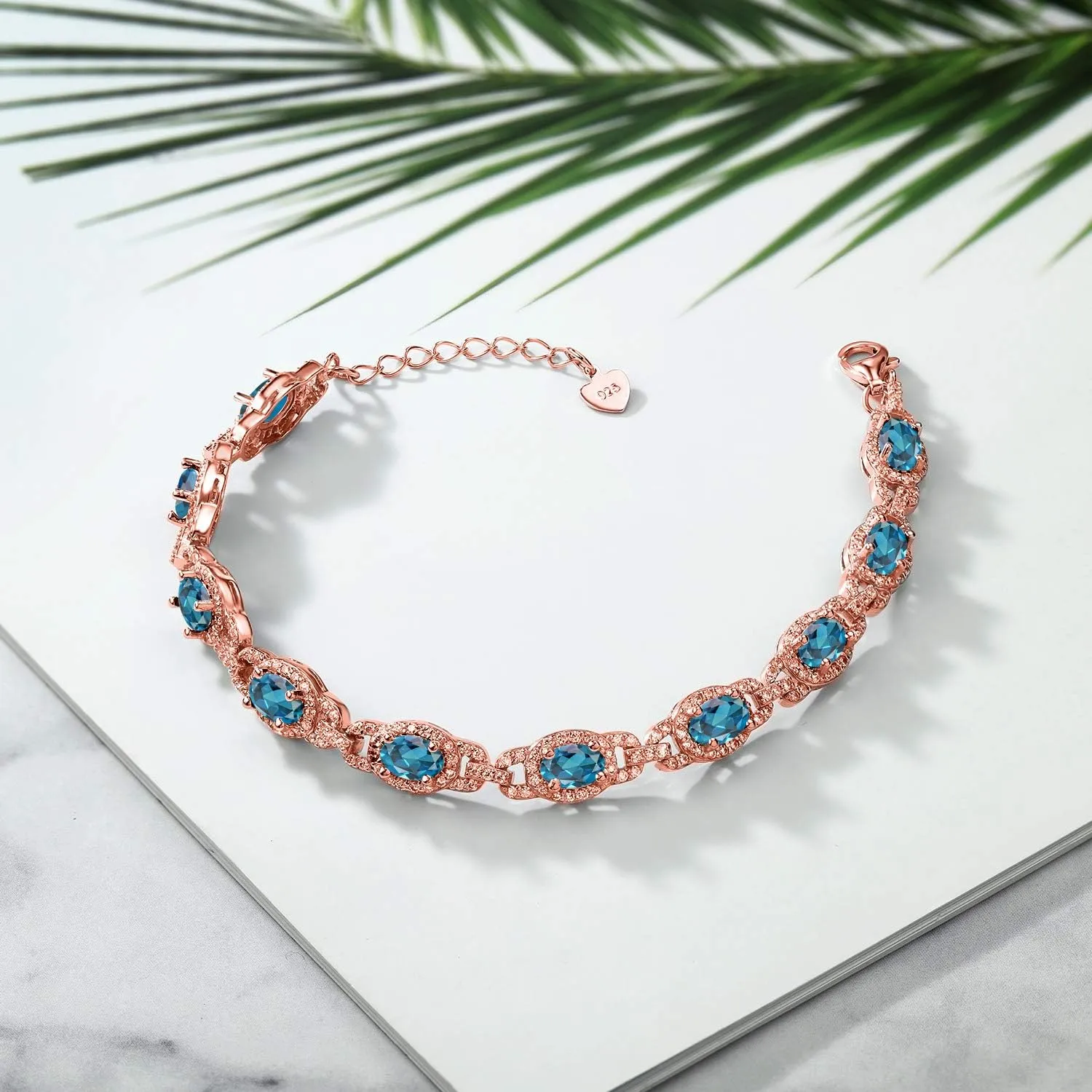 Gem Stone King 18K Rose Gold Plated Silver Oval Gemstone Birthstone Tennis Bracelet For Women | Oval 6X4MM | 7 Inch With 1 Inch Extender | Fine Jewelry Gifts for Her Mom Women Wife