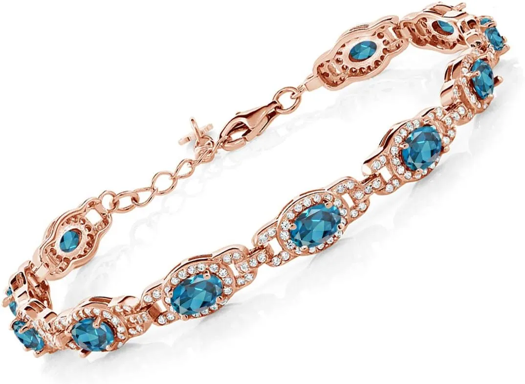 Gem Stone King 18K Rose Gold Plated Silver Oval Gemstone Birthstone Tennis Bracelet For Women | Oval 6X4MM | 7 Inch With 1 Inch Extender | Fine Jewelry Gifts for Her Mom Women Wife