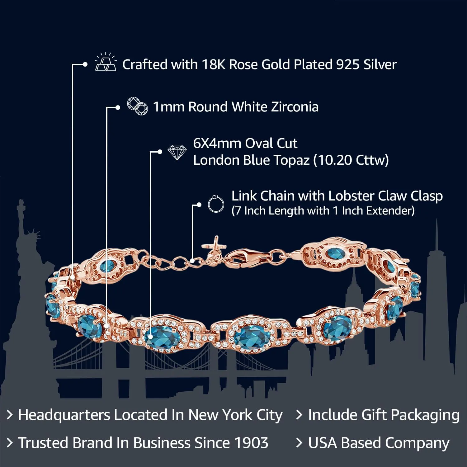 Gem Stone King 18K Rose Gold Plated Silver Oval Gemstone Birthstone Tennis Bracelet For Women | Oval 6X4MM | 7 Inch With 1 Inch Extender | Fine Jewelry Gifts for Her Mom Women Wife