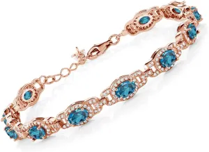 Gem Stone King 18K Rose Gold Plated Silver Oval Gemstone Birthstone Tennis Bracelet For Women | Oval 6X4MM | 7 Inch With 1 Inch Extender | Fine Jewelry Gifts for Her Mom Women Wife