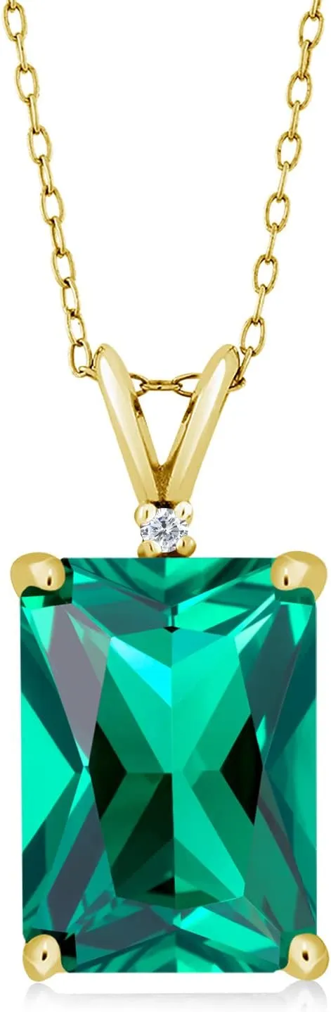 Gem Stone King 18K Yellow Gold Plated Silver Green Nano Emerald and White Diamond Pendant Necklace For Women (6.52 Cttw, Gemstone May Birthstone, Emerald Cut 14X10MM, with 18 Inch Silver Chain)