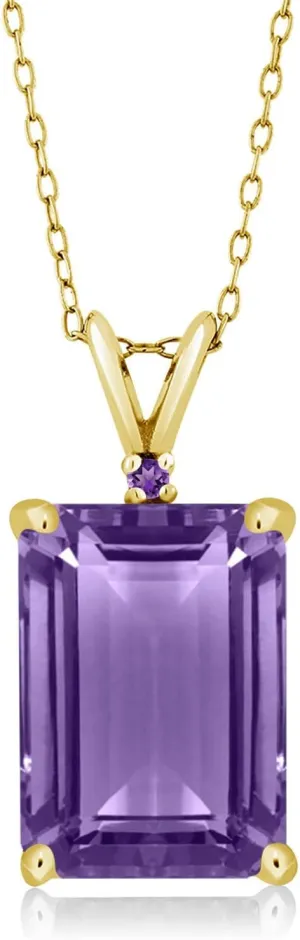 Gem Stone King 18K Yellow Gold Plated Silver Purple Amethyst Pendant Necklace For Women (7.12 Cttw, Gemstone February Birthstone, Emerald Cut 14X10MM, with 18 Inch Silver Chain)