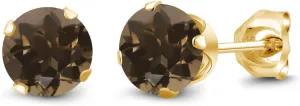 Gem Stone King Brown Smoky Quartz 18K Yellow Gold Plated Silver Stud Earrings For Women Men (0.92 Cttw, Round 5MM)