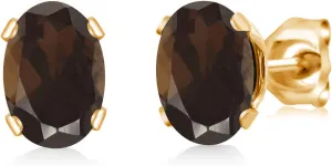 Gem Stone King Brown Smoky Quartz Yellow Gold Plated Stud Earrings For Women Men (1.50 Cttw, Gemstone Birthstone, Oval 7X5MM)