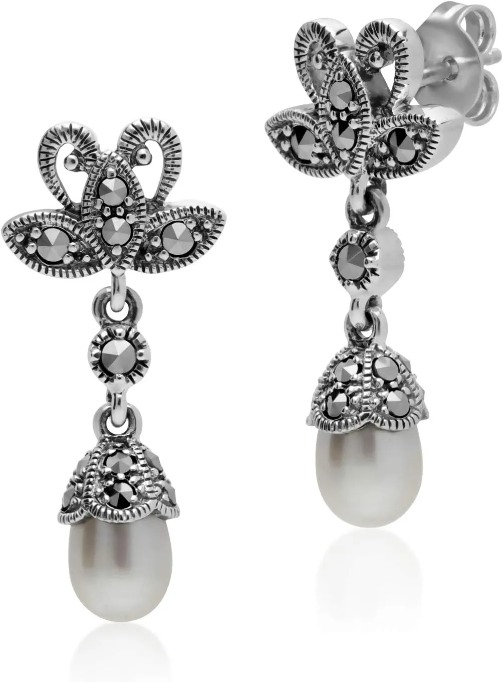 Gemondo USA 925 Sterling Silver 7x5mm Fresh Water Pearl and Marcasite Drop Earrings
