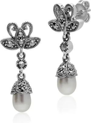 Gemondo USA 925 Sterling Silver 7x5mm Fresh Water Pearl and Marcasite Drop Earrings