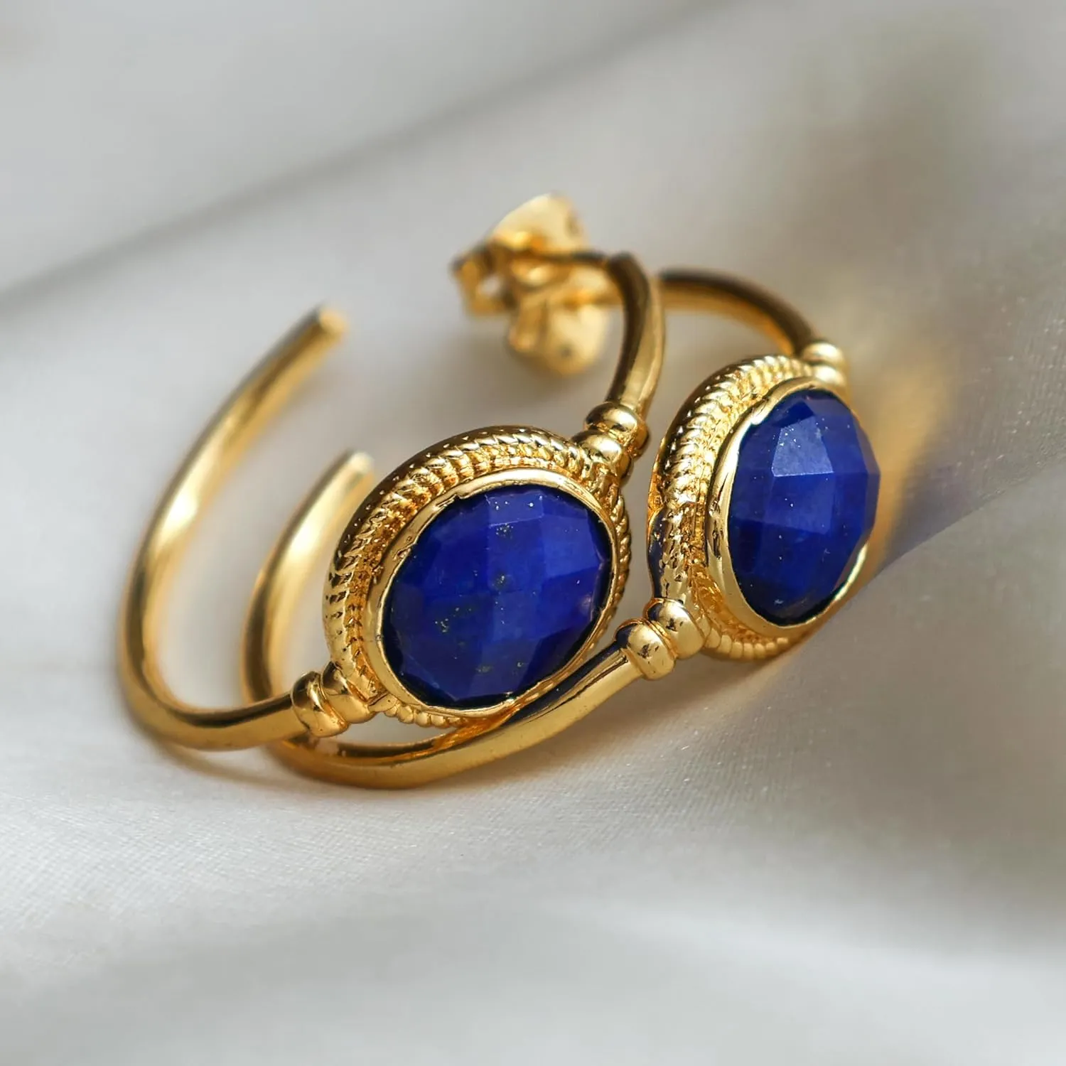 GEMPIRES 14k Gold Hoop Earrings for Women  Oval Rose Cut Gemstone, 1.2 Lightweight Hypoallergenic Hoops with Post Back  Small Gold Earring Hoops  Lapis, Black Spinel, Green Onyx & More