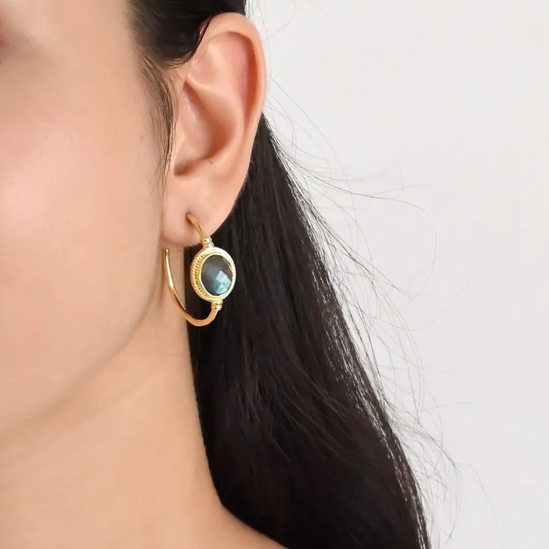 GEMPIRES 14k Gold Hoop Earrings for Women  Oval Rose Cut Gemstone, 1.2 Lightweight Hypoallergenic Hoops with Post Back  Small Gold Earring Hoops  Lapis, Black Spinel, Green Onyx & More