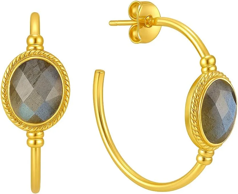 GEMPIRES 14k Gold Hoop Earrings for Women  Oval Rose Cut Gemstone, 1.2 Lightweight Hypoallergenic Hoops with Post Back  Small Gold Earring Hoops  Lapis, Black Spinel, Green Onyx & More