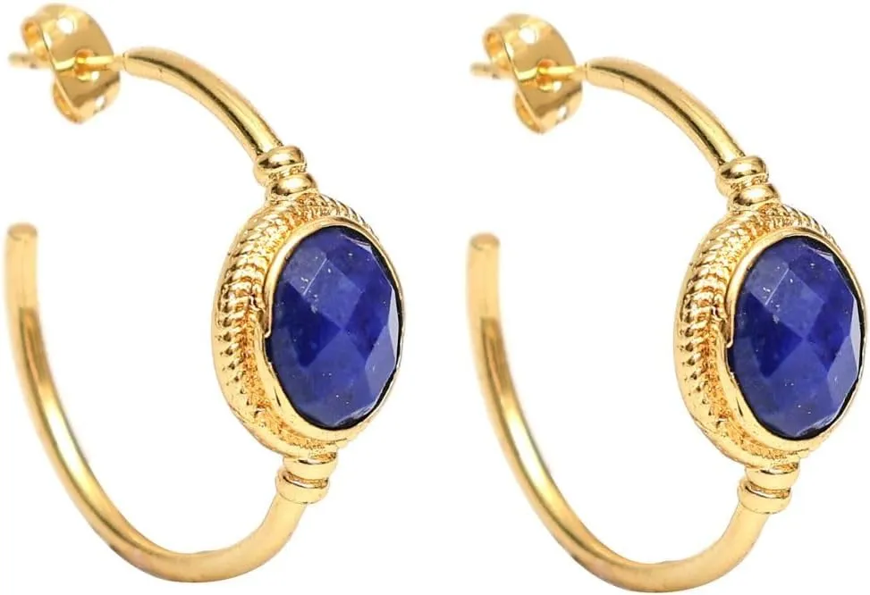 GEMPIRES 14k Gold Hoop Earrings for Women  Oval Rose Cut Gemstone, 1.2 Lightweight Hypoallergenic Hoops with Post Back  Small Gold Earring Hoops  Lapis, Black Spinel, Green Onyx & More