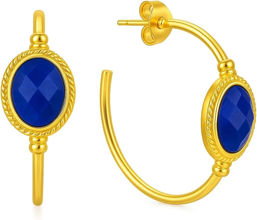 GEMPIRES 14k Gold Hoop Earrings for Women  Oval Rose Cut Gemstone, 1.2 Lightweight Hypoallergenic Hoops with Post Back  Small Gold Earring Hoops  Lapis, Black Spinel, Green Onyx & More