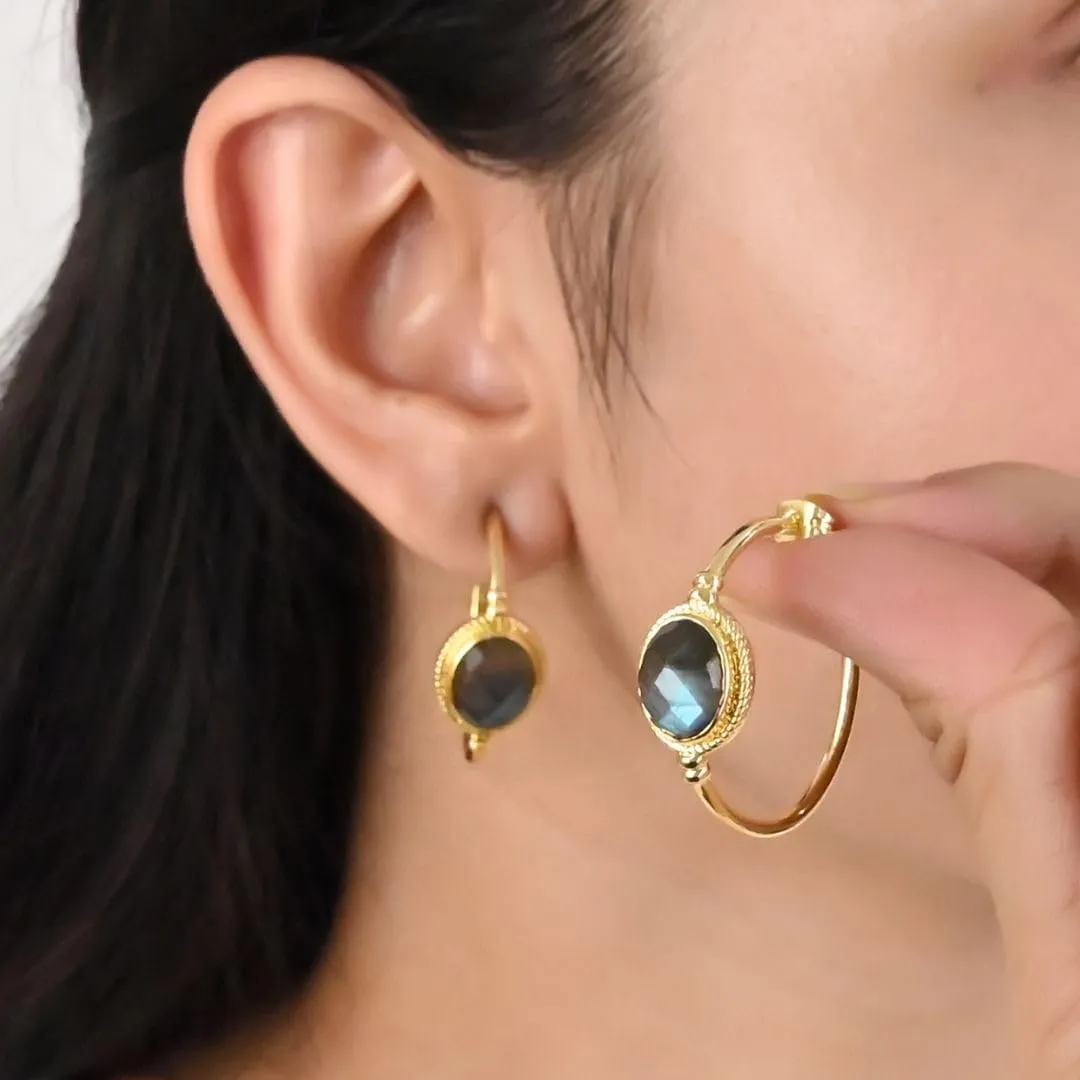 GEMPIRES 14k Gold Hoop Earrings for Women  Oval Rose Cut Gemstone, 1.2 Lightweight Hypoallergenic Hoops with Post Back  Small Gold Earring Hoops  Lapis, Black Spinel, Green Onyx & More