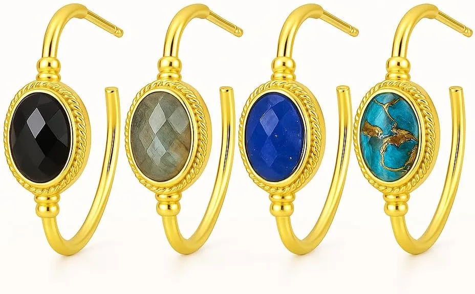 GEMPIRES 14k Gold Hoop Earrings for Women  Oval Rose Cut Gemstone, 1.2 Lightweight Hypoallergenic Hoops with Post Back  Small Gold Earring Hoops  Lapis, Black Spinel, Green Onyx & More