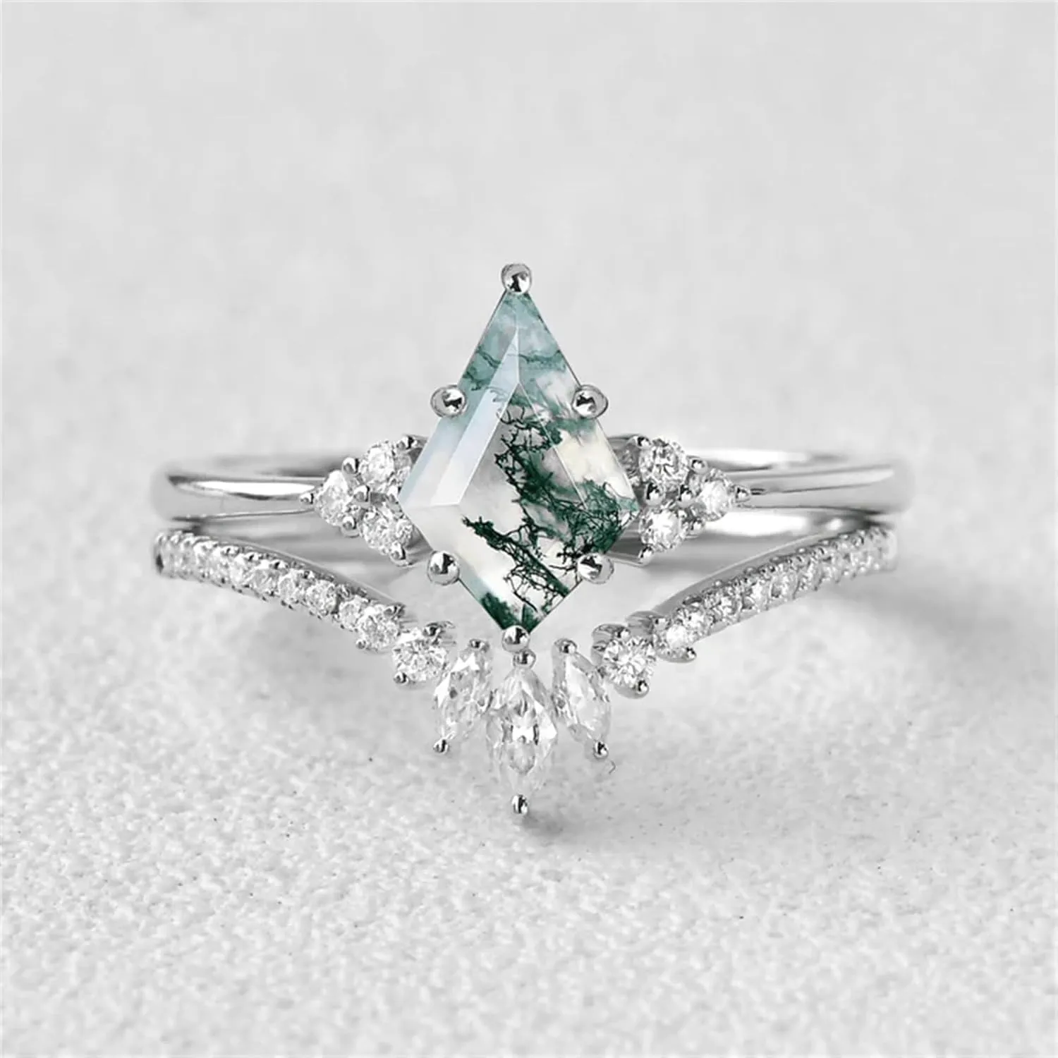 Gemstone Engagement Ring Set 925 Sterling Silver Kite Cut Moss Agate Ring For Women Gemstone Wedding Ring Set Moss Agate and Moissanite Engagement Rings For Women