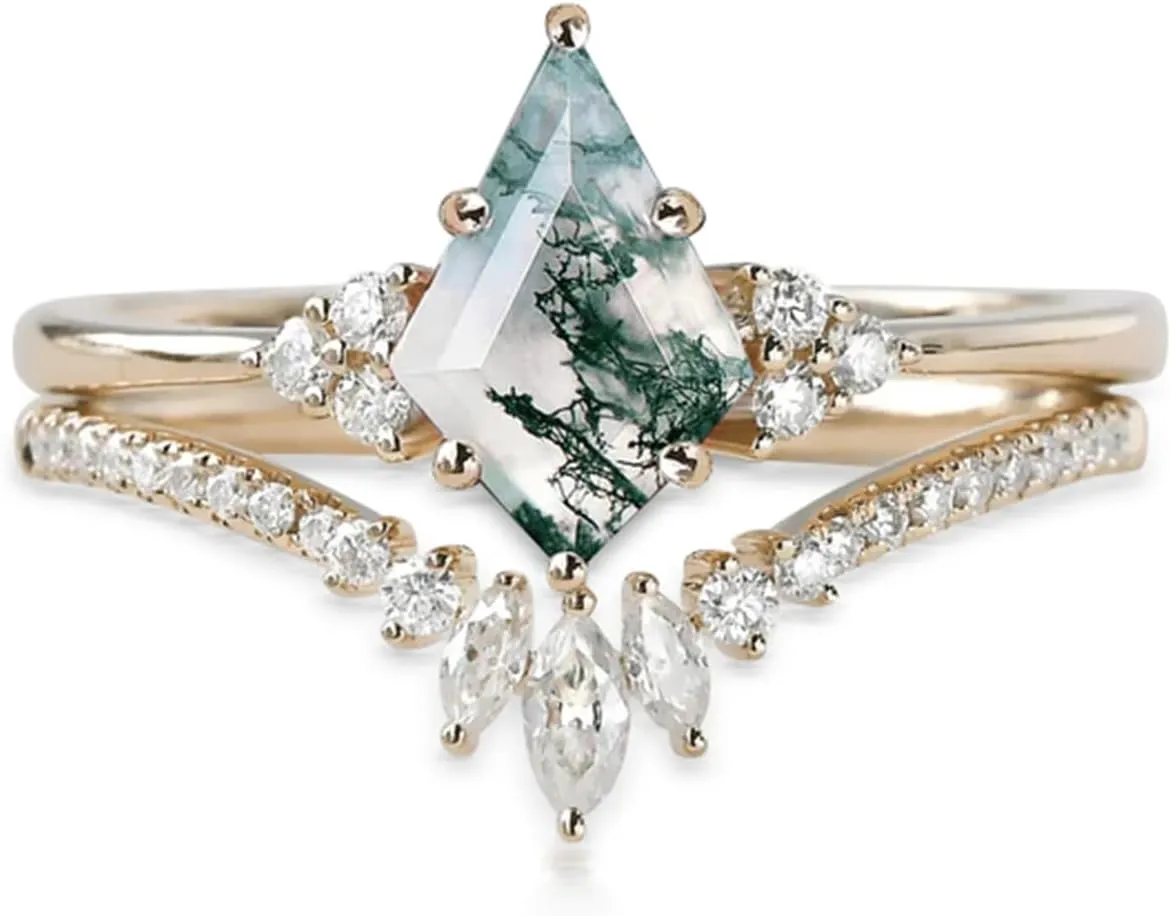 Gemstone Engagement Ring Set 925 Sterling Silver Kite Cut Moss Agate Ring For Women Gemstone Wedding Ring Set Moss Agate and Moissanite Engagement Rings For Women