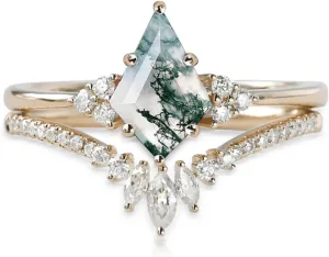 Gemstone Engagement Ring Set 925 Sterling Silver Kite Cut Moss Agate Ring For Women Gemstone Wedding Ring Set Moss Agate and Moissanite Engagement Rings For Women