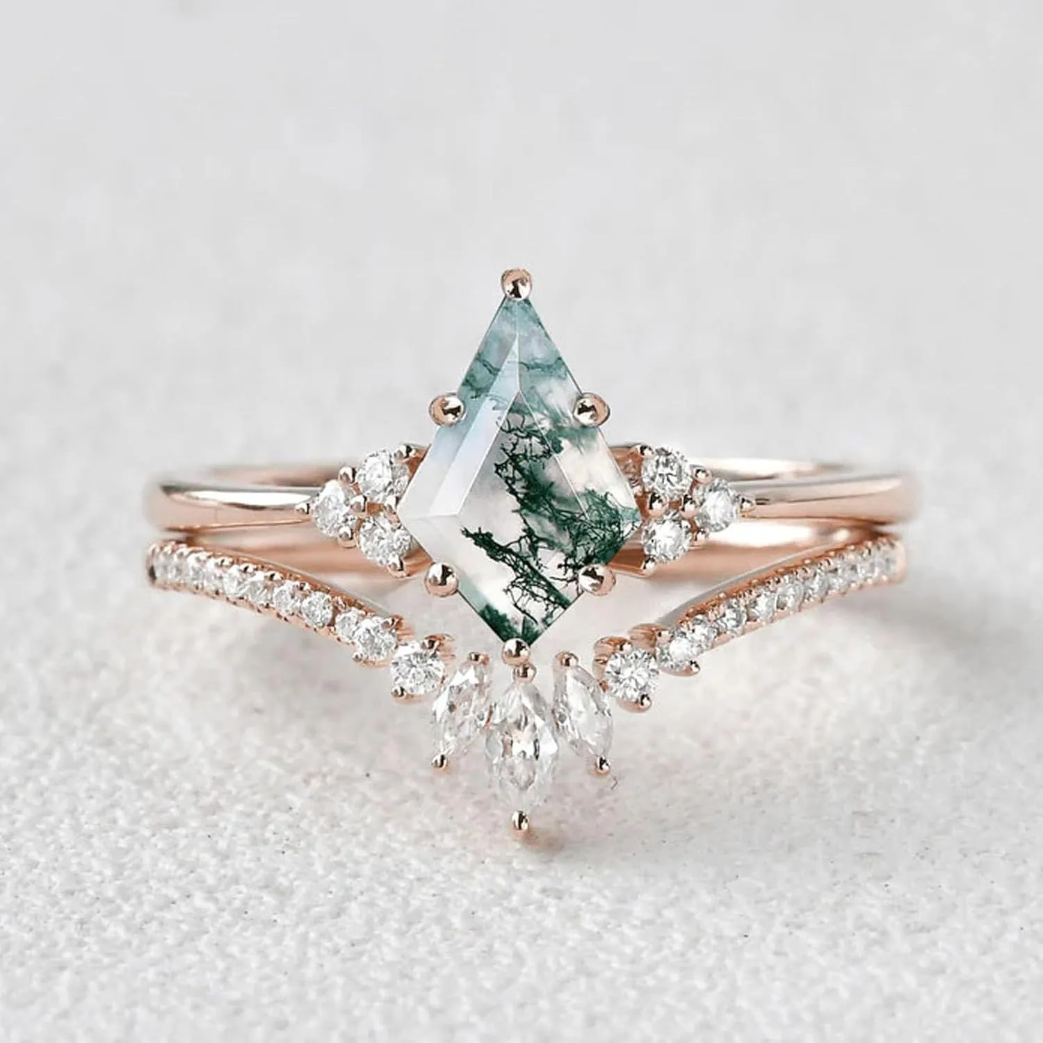 Gemstone Engagement Ring Set 925 Sterling Silver Kite Cut Moss Agate Ring For Women Gemstone Wedding Ring Set Moss Agate and Moissanite Engagement Rings For Women