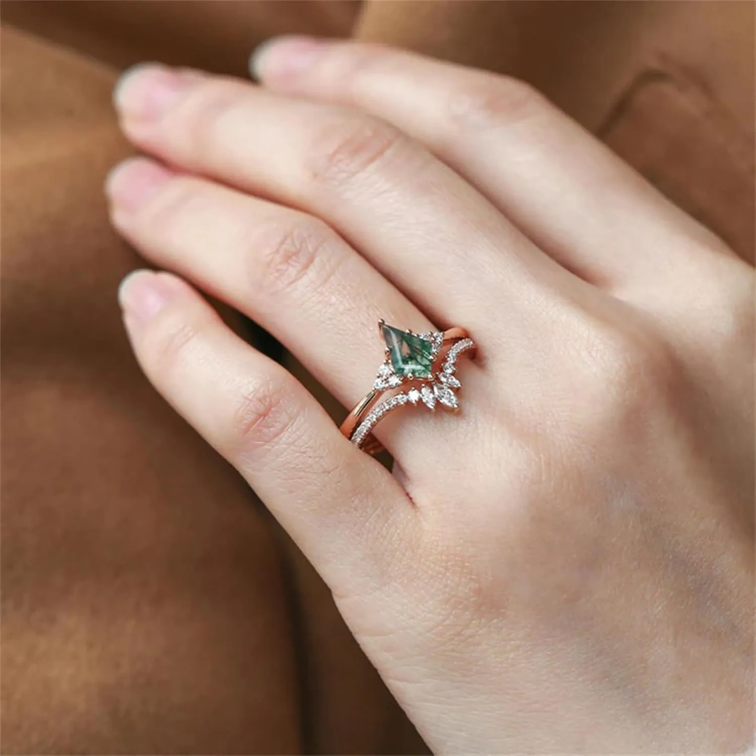 Gemstone Engagement Ring Set 925 Sterling Silver Kite Cut Moss Agate Ring For Women Gemstone Wedding Ring Set Moss Agate and Moissanite Engagement Rings For Women