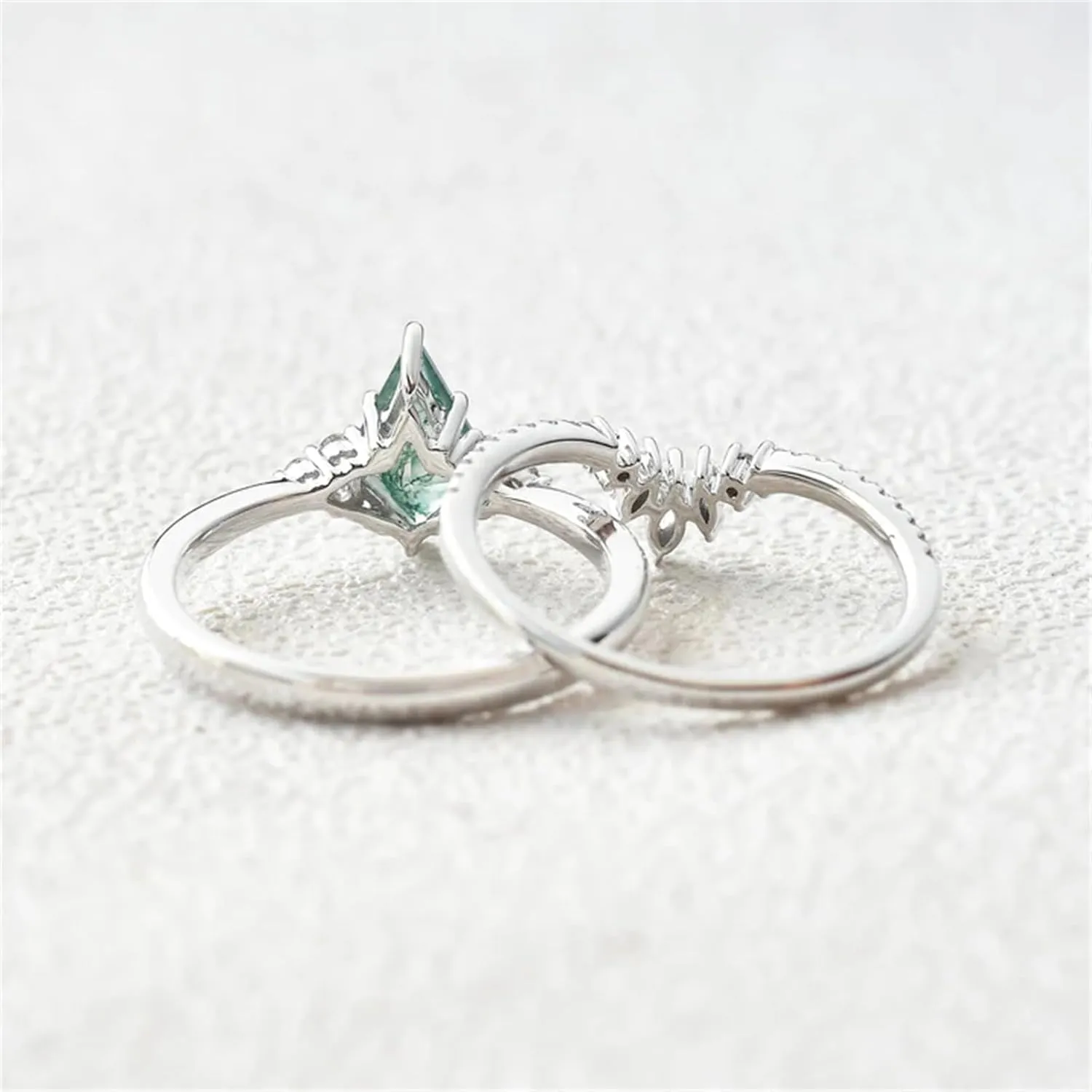 Gemstone Engagement Ring Set 925 Sterling Silver Kite Cut Moss Agate Ring For Women Gemstone Wedding Ring Set Moss Agate and Moissanite Engagement Rings For Women