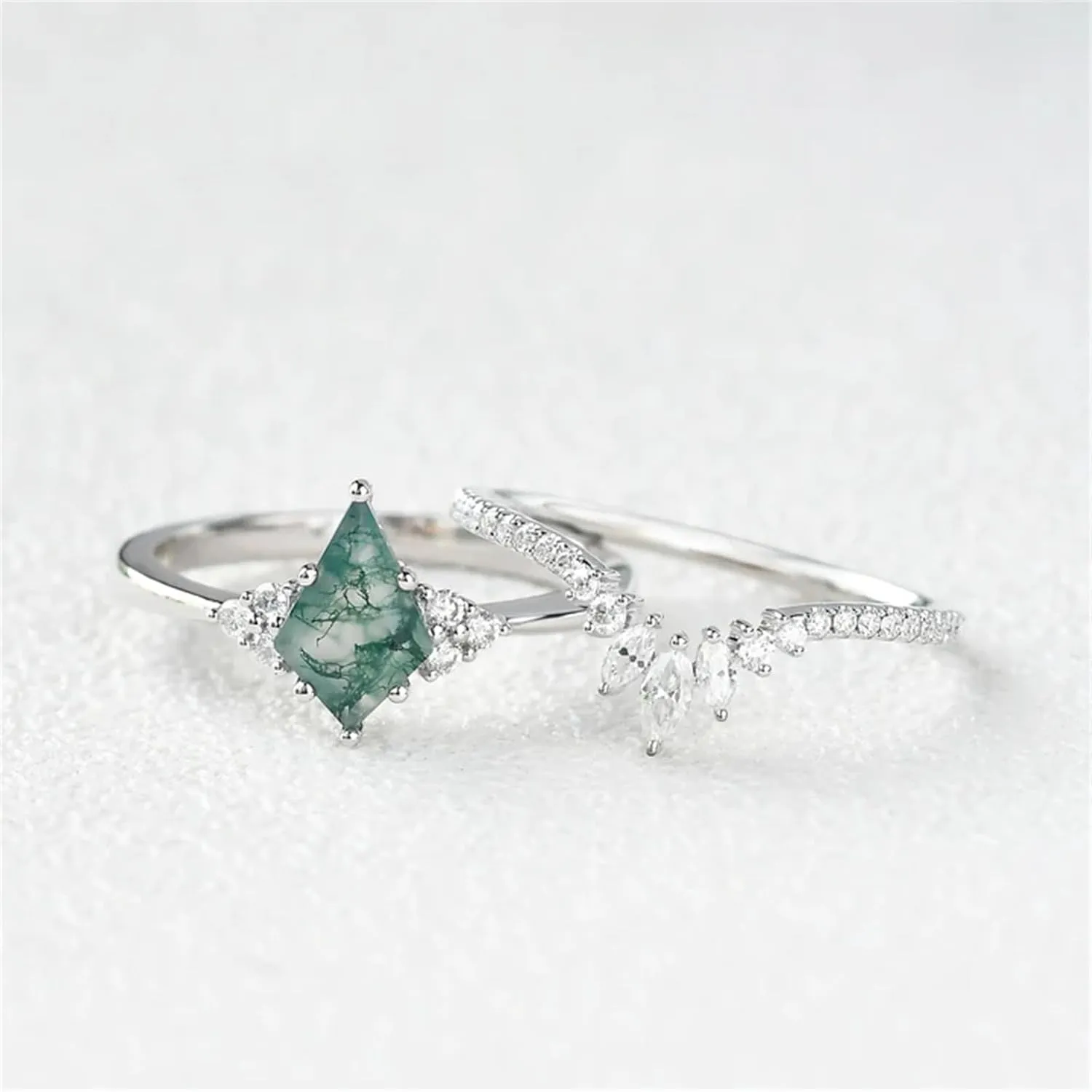 Gemstone Engagement Ring Set 925 Sterling Silver Kite Cut Moss Agate Ring For Women Gemstone Wedding Ring Set Moss Agate and Moissanite Engagement Rings For Women