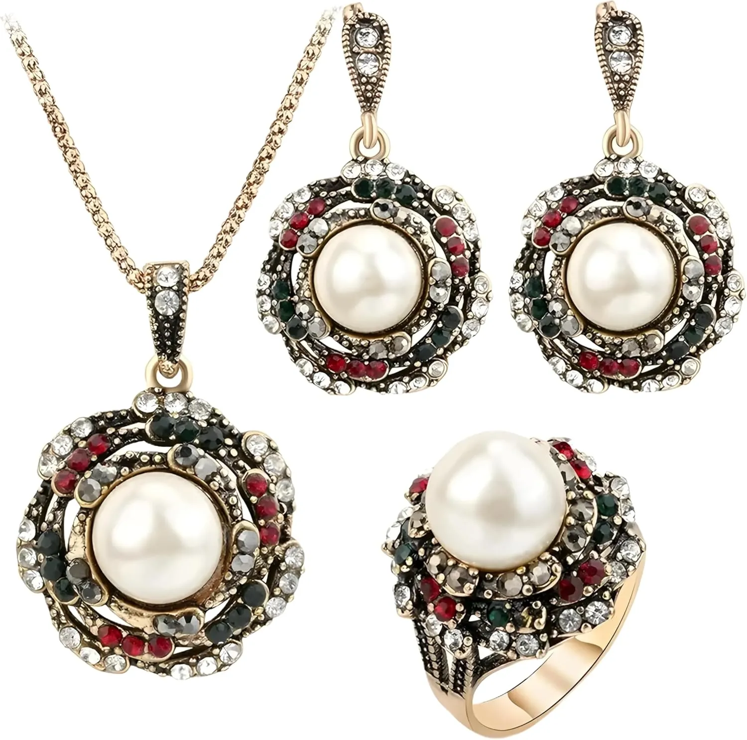 Gemstone Necklaces 3Pcs Vintage Imitation Pearls Jewelry Sets For Women Antique Gold Crystal Wedding Necklace Earrings Ring Jewelry-A13