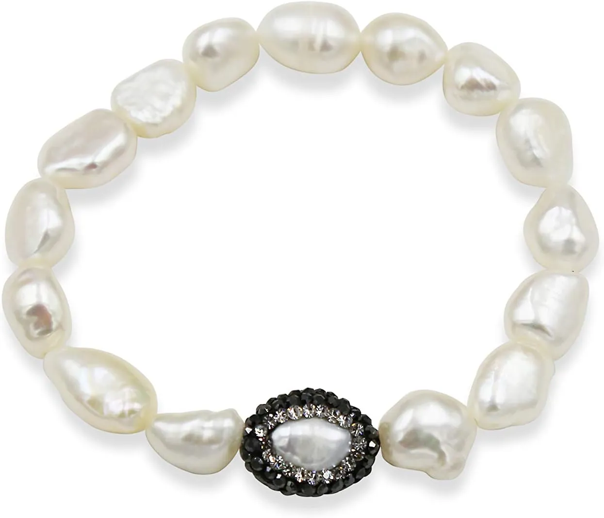 Genuine White Baroque Shaped 9-10MM Cultured Fresh Water Pearl Beaded Stretch Bracelet with A Druzy-Pave Cultured-Fresh Water Pearl in Center