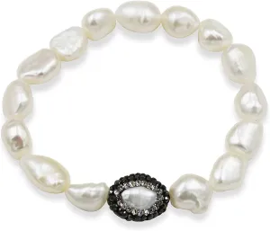Genuine White Baroque Shaped 9-10MM Cultured Fresh Water Pearl Beaded Stretch Bracelet with A Druzy-Pave Cultured-Fresh Water Pearl in Center