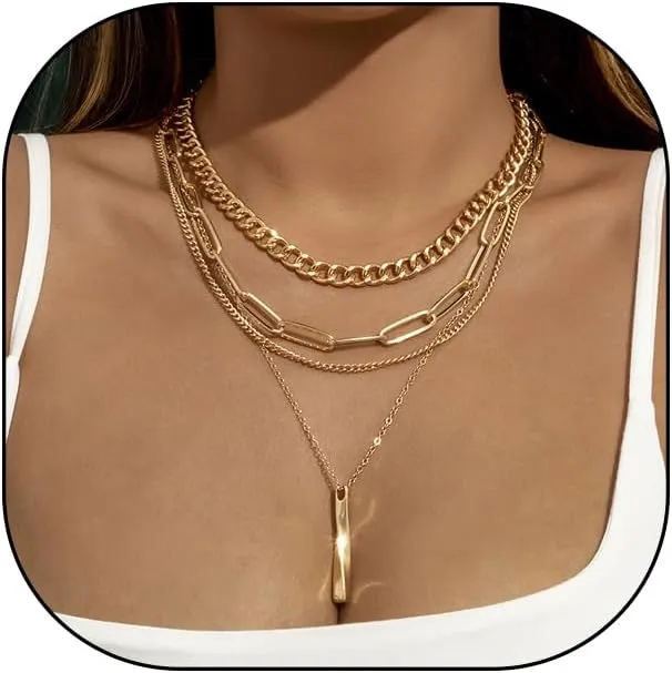 GIGB PBDK 14K Gold Paperclip Cuban Chain Multi Layer Necklace, Chunky Stacked Thin Chain 4Pcs Necklace Set, Dainty Punk Party Stick Pendant Jewelry Gift