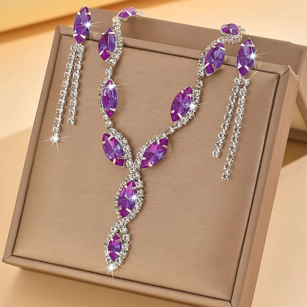 GIGB PBDK Bridal Wedding Rhinestone Jewelry Set for Women Bohemia Adjustable Cubic Zirconia Pendant Necklace Crystal Tassel Earrings Formal Jewelry Accessories