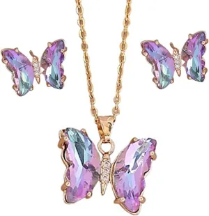 GIGB PBDK Butterfly Necklace Earrings for Women,Minimalist Cubic Zircons Butterfly Pendant Earrings Choker Necklace Cute Crystal Butterfly Jewelry Set Jewelry Gifts