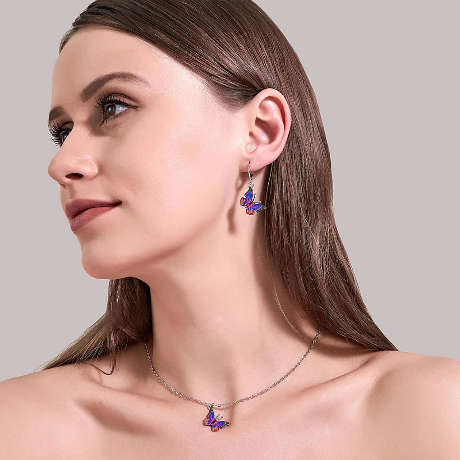 GIGB PBDK Butterfly Pendant Necklace Earrings,Minimalist Colorful Butterfly Earrings Choker Necklace Cute Crystal Butterfly Jewelry Set Gifts for Women
