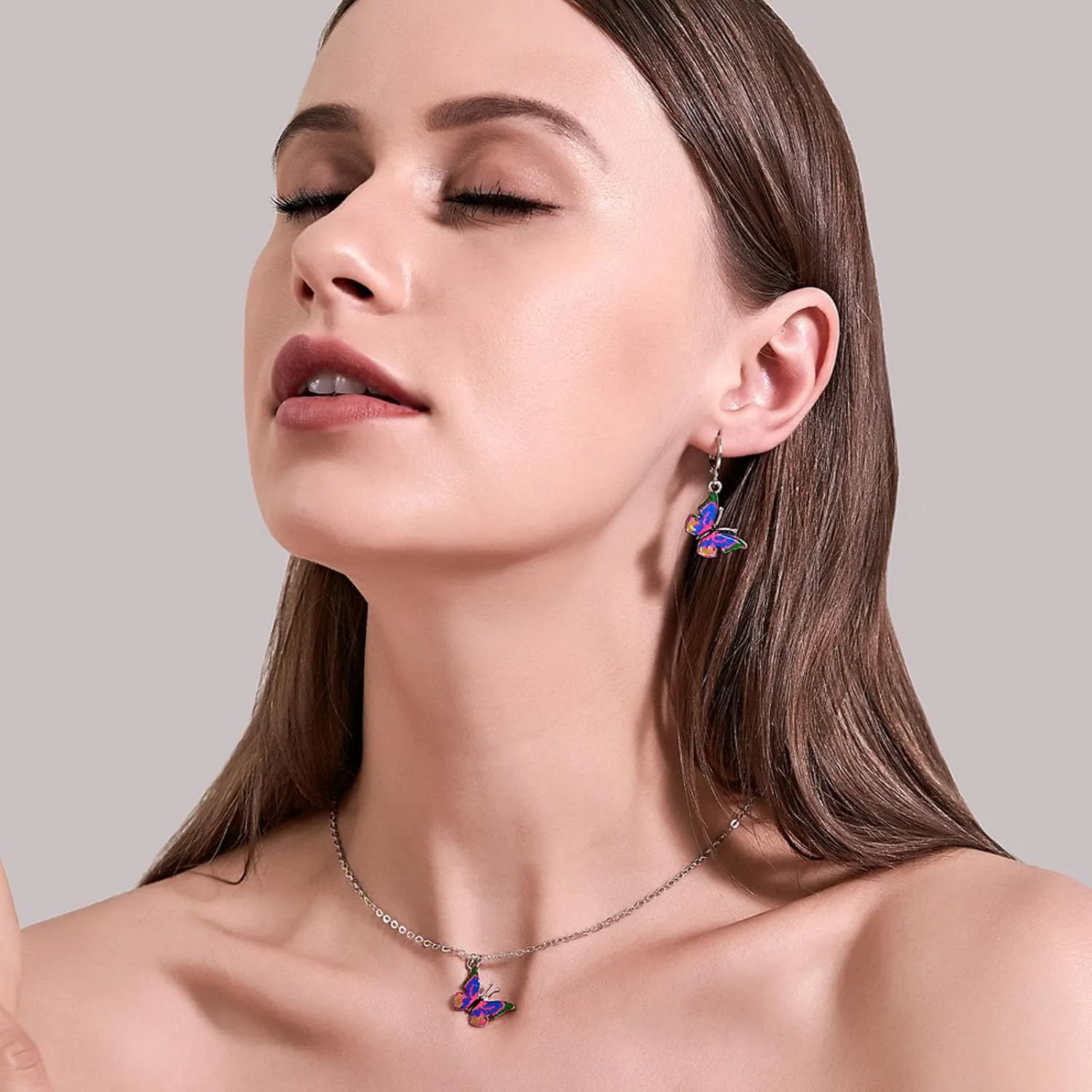 GIGB PBDK Butterfly Pendant Necklace Earrings,Minimalist Colorful Butterfly Earrings Choker Necklace Cute Crystal Butterfly Jewelry Set Gifts for Women