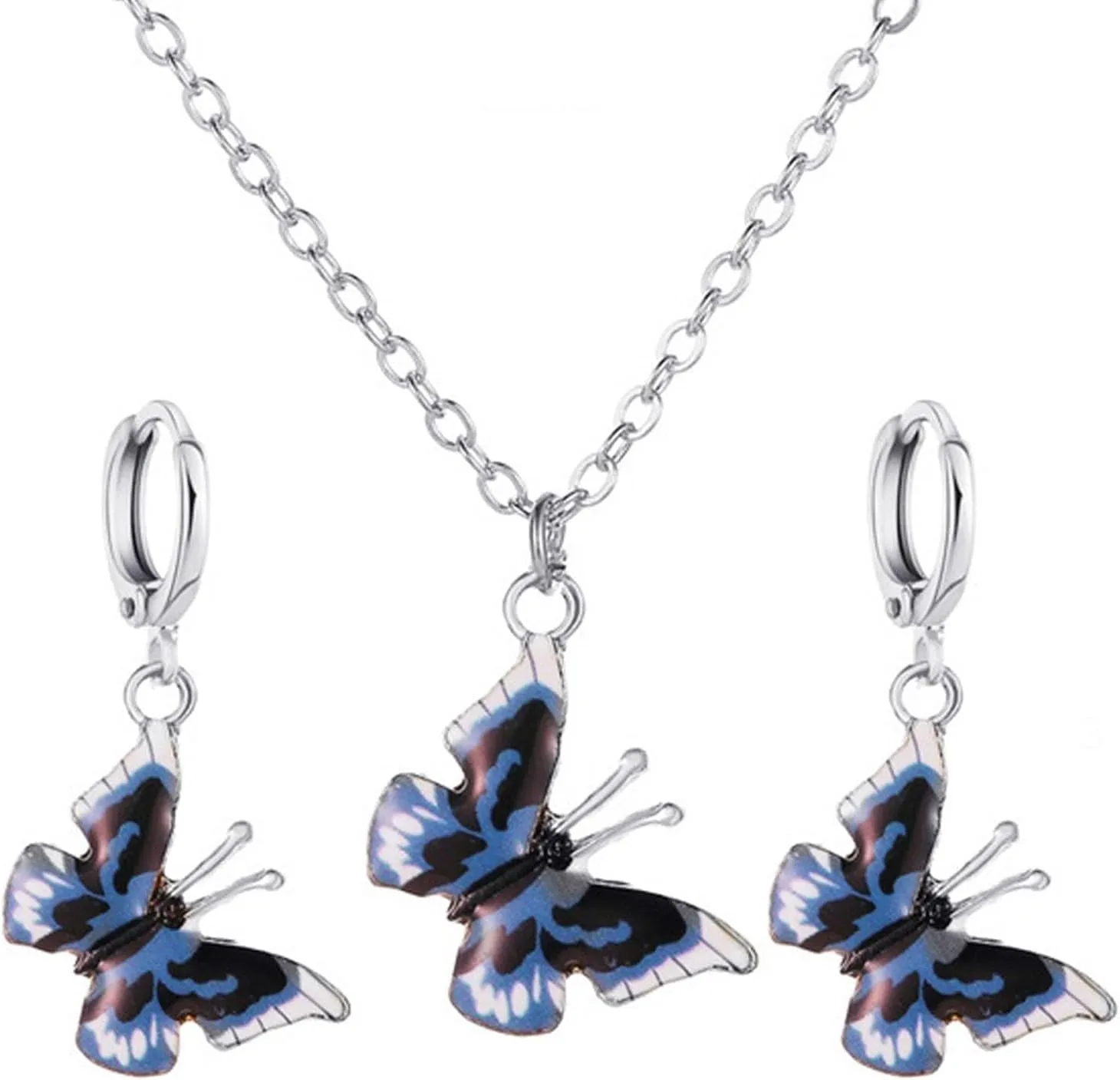 GIGB PBDK Butterfly Pendant Necklace Earrings,Minimalist Colorful Butterfly Earrings Choker Necklace Cute Crystal Butterfly Jewelry Set Gifts for Women