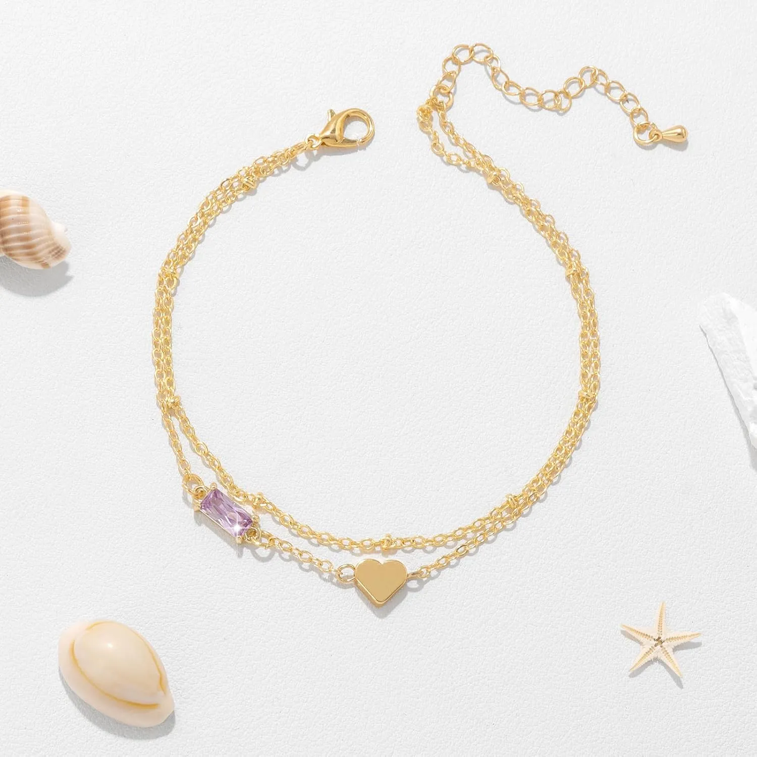 GolbalJew Birthstone Anklet with Heart Charm Layer Ankle Bracelet for Women, 14K Gold Plated Adjustable Chain Stackable Trendy Jewelry Gift for Her, Mom, Friend, Wife