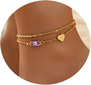 GolbalJew Birthstone Anklet with Heart Charm Layer Ankle Bracelet for Women, 14K Gold Plated Adjustable Chain Stackable Trendy Jewelry Gift for Her, Mom, Friend, Wife