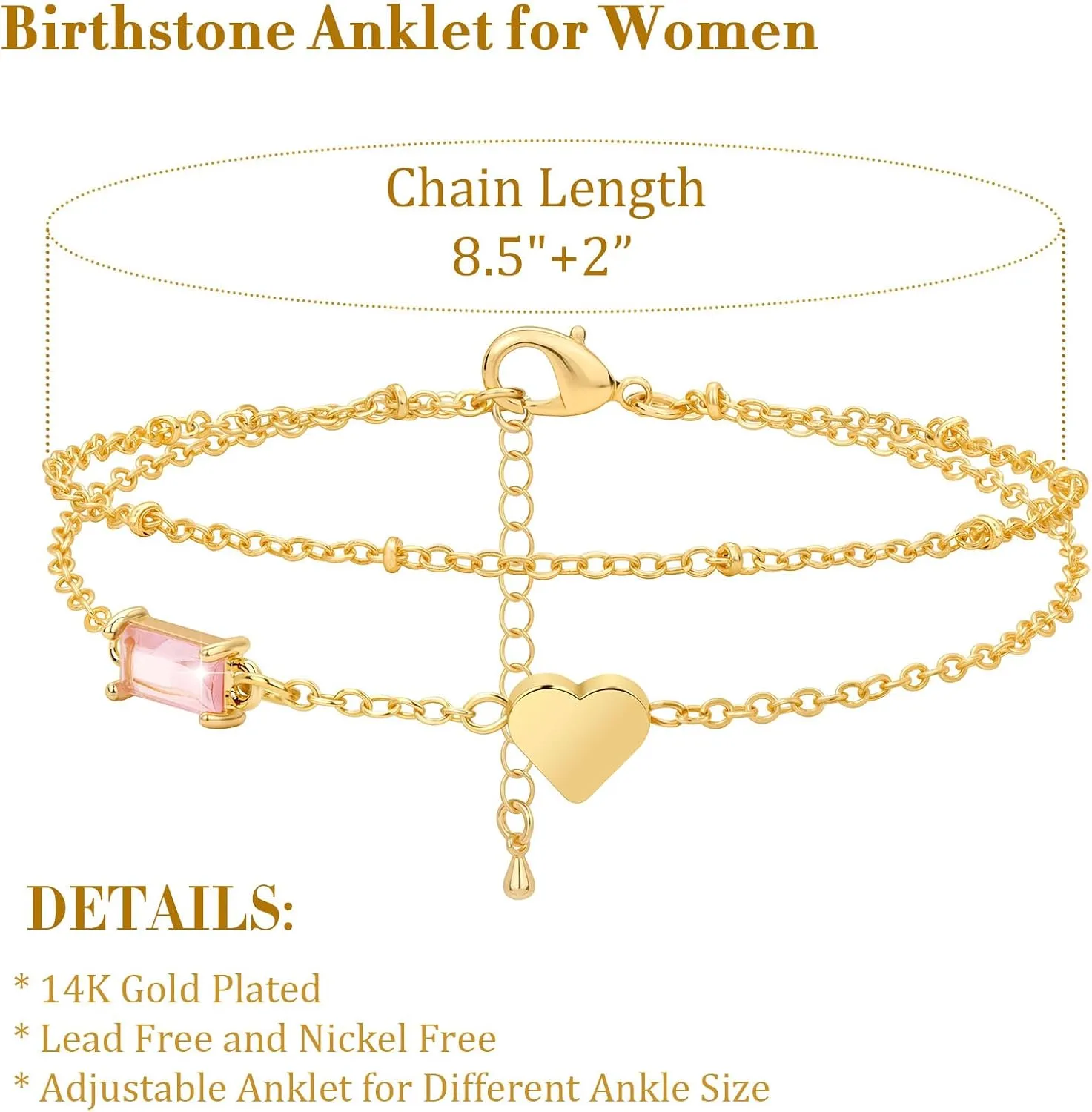 GolbalJew Birthstone Anklet with Heart Charm Layer Ankle Bracelet for Women, 14K Gold Plated Adjustable Chain Stackable Trendy Jewelry Gift for Her, Mom, Friend, Wife